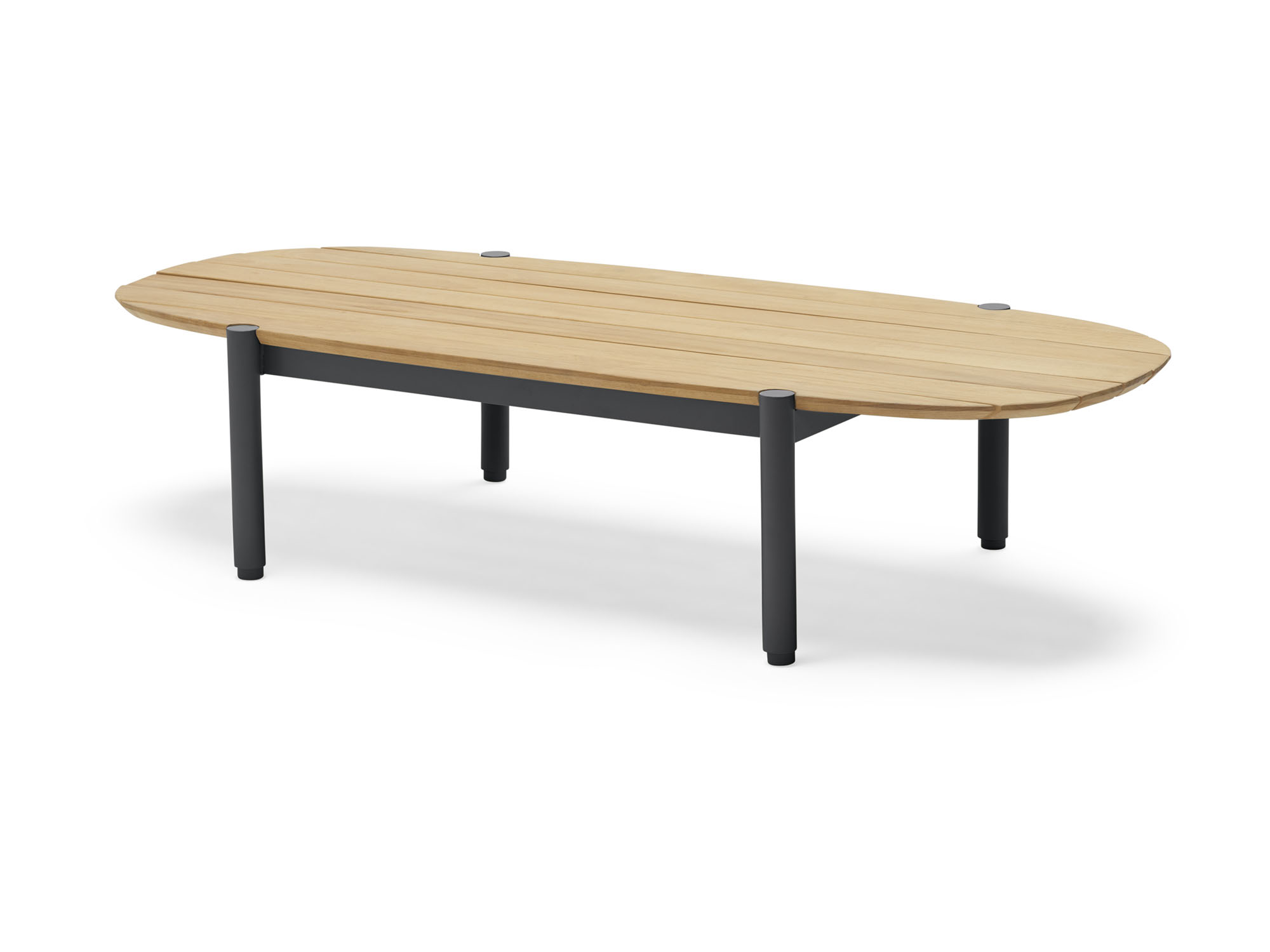 Front angle view of oval wood outdoor coffee table with black legs